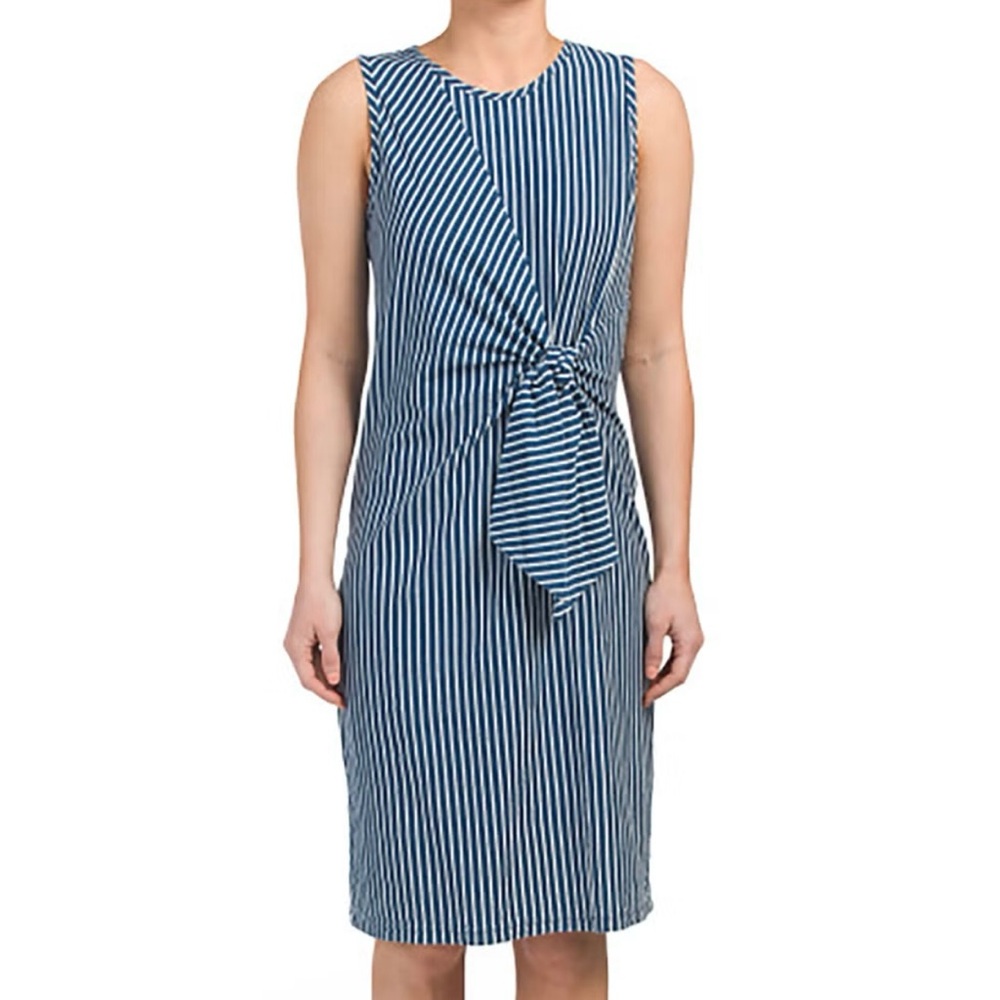 J.McLaughlin Faux Wrap Dress S Blue White‎ Vertical Striped Tie Front Sleeveless